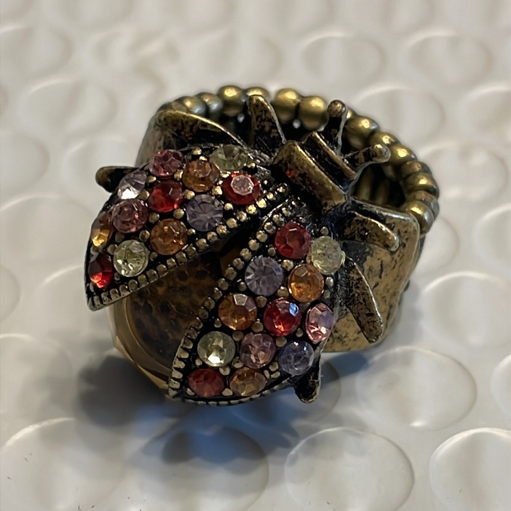 Vintage Brass Multi Color Crystal Lady Bug Statement Stretch Ring